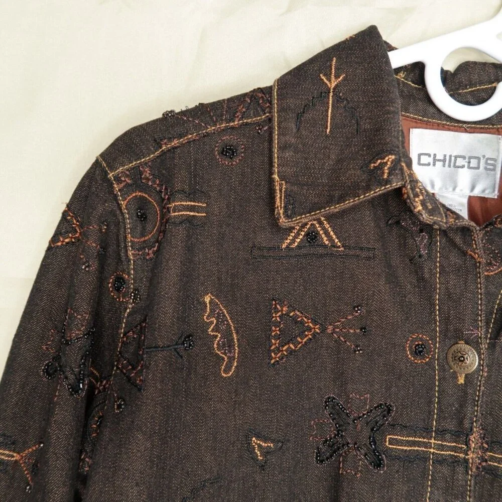 Chico’s Brown Denim Jean Jacket Anniversary Collection Silk Lined Women's Medium - Picture 2 of 13